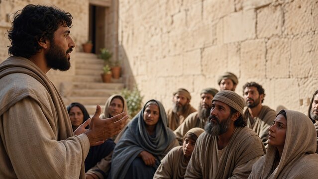 Bearded man in ancient robe teaching crowd of men women and children sitting near stone wall in biblical courtyard. Jesus preaching to people in Jerusalem. Bible story and gospel sermon concept.