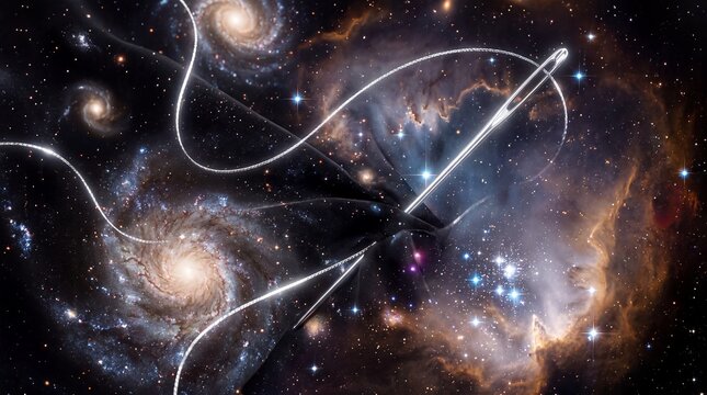 Needle thread cosmic fabric sewing universe creativity surreal space galaxies. A silver needle sews luminous thread through a fabric of galaxies for commercial advertising creative branding