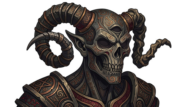 Detailed skull demon head with intricate tribal patterns and twisted ram horns.