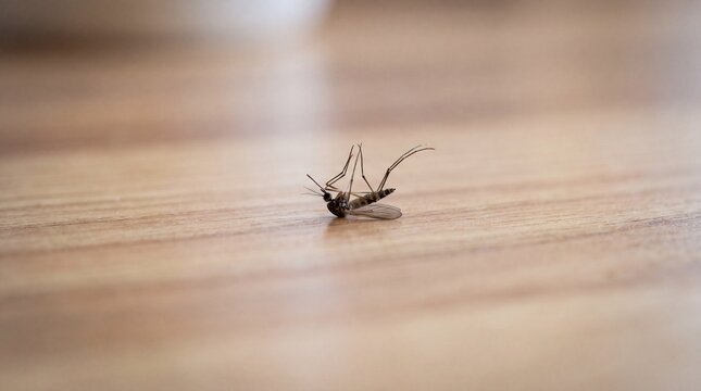 A dead mosquito lies upside down on a smooth light brown wooden floor surface indoors with mosquito positioned back surface shallow depth polished wooden