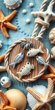 Wooden grusskarte with fish-shaped charms on a nautical rope, surrounded by seashells and starfish, charms, rope