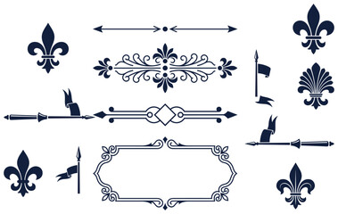 Classic royal fleur de lis and knightly sword dividers collection for historic design themes. © MdShohel