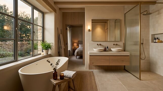 Elegant spa bathroom with freestanding tub, double vanity, and natural light overlooking garden