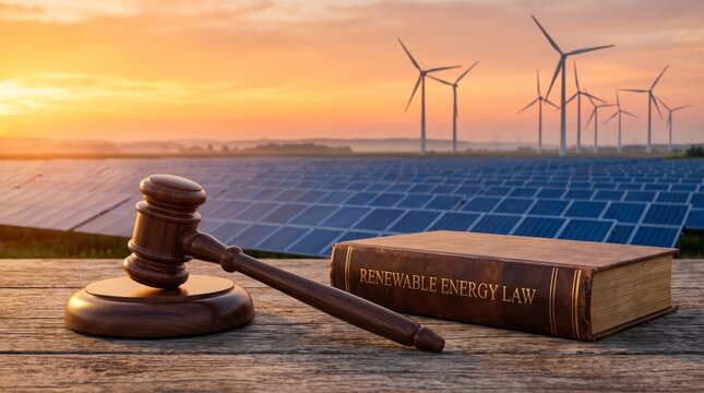 A wooden judge gavel and a book titled renewable energy law resting on a rustic table in front of a solar farm and wind turbines at sunset with surface against backdrop