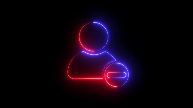 Neon glowing user remove animation, digital account deletion symbol, social media profile removal sign