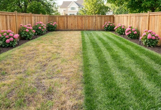 Before and after suburban lawn restoration showing dry patchy grass transformed into a lush green striped lawn surrounded by fencing, hydrangeas, and greenery.