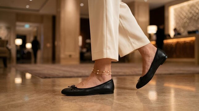 Woman walking in luxury hotel lobby wearing elegant black flats and beige trousers