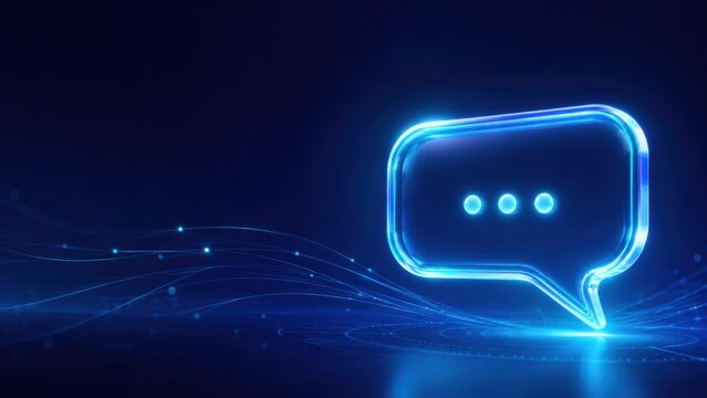 Digital glowing neon blue chat message bubble with three dots and futuristic lines.