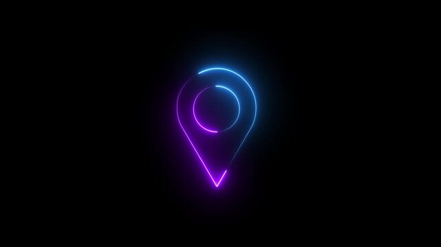 Neon map pin location animation, glowing blue and purple gps marker symbol for navigation and travel apps, digital interface on black background