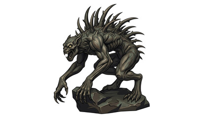Fototapeta premium Spiky gargoyle monster crouched on jagged rock for halloween decoration or fantasy game environment.