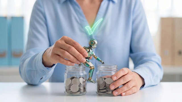 Artificial intelligence and AI money savings management concept. Robot moving coins between jars with green checkmark and woman hands for finance, planning, automation and fintech investment