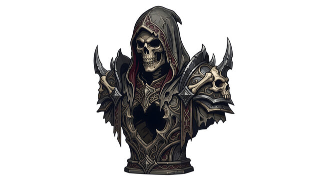 Skeleton warrior bust in ornate gothic armor with hooded cowl for fantasy game character development.
