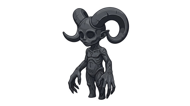 Small grey stone imp creature with large spiraling horns features black eyes and mystical body marks.