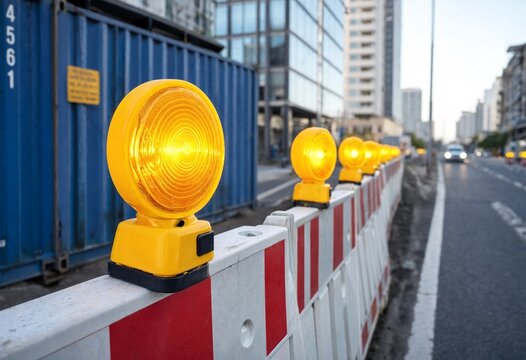 Urban construction barrier with glowing yellow warning lights, striped safety barricade, city buildings, shipping container, daylight, roadwork, infrastructure, traffic safety, and modern development.