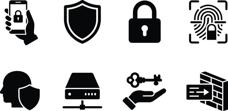 Cybersecurity and data privacy icon set featuring padlock shield biometric fingerprint firewall smartphone security and key symbols