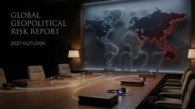 Global geopolitical risk outlook 2027, modern boardroom with world map and city view.