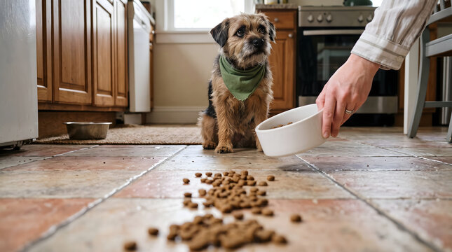 Small scruffy dog waiting for food in kitchen with kibble on floor.