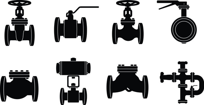 Industrial Pipeline Valves Silhouette Icon Set Featuring Gate Valve Ball Valve Butterfly Valve And Flanged Pipe Fittings