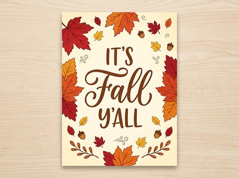 Its fall yall autumn hand lettering typography on light yellow vintage background with leaves