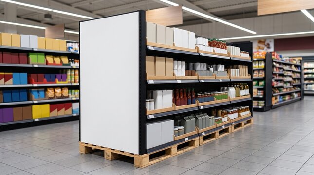 Supermarket aisle with product display pallet and retail shelves for grocery shopping.