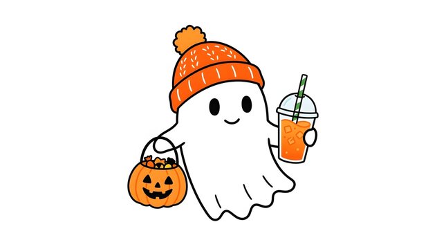 A charming illustration depicts a friendly ghost enjoying the halloween season with a pumpkin bucket and a tasty beverage radiating festive cheer