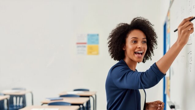 Smiling young Black female teacher writing math formula on whiteboard. African American woman teaching lesson in classroom. Education and learning