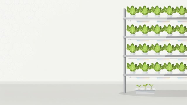 A flat vector illustration of a vertical hydroponic farming system with leafy green vegetables with indoors artificial lighting tiered shelves displays
