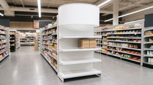 Empty retail end cap display shelving in a modern supermarket aisle for product promotion.