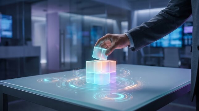 A business professional places a glowing digital cube onto a holographic stack on a table with person suit interacts futuristic light interface build structure glowing cubes