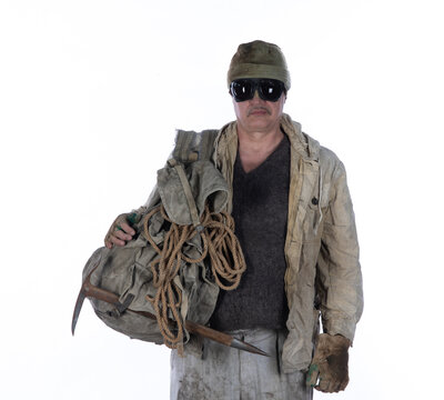 Vintage old man traveler mountaineer isolated on white background