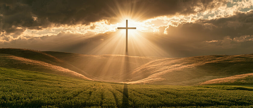 A cross stands tall in the clouds with bright rays of light shining down on a green field and rolling hills during sunset