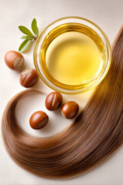 A long brown lock of hair lies next to argan fruits and a bowl of amber-colored hair oil. The setup features a white glossy background and studio lighting