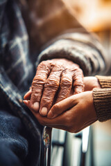 Fototapeta premium A young woman holds the hand of an elderly man sitting in a wheelchair. They share a moment of care and connection in a softly lit environment