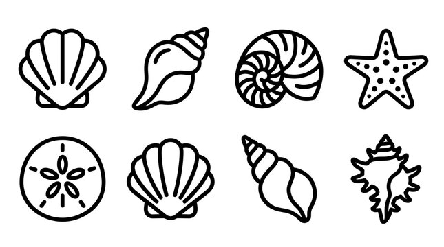 Minimalist seashell and starfish line art icon collection.