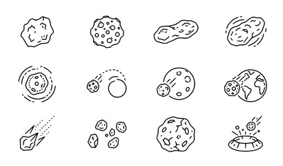 Asteroid and Meteorite Line Art Icon Set with Crater Impact and Space Science Symbols for Vector Designs © MdArif