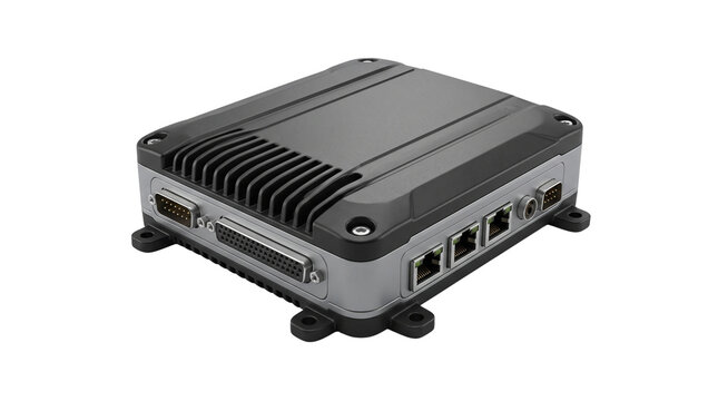 Industrial embedded computer with rugged metal chassis, fanless mini PC for edge computing, compact IoT gateway with ethernet ports