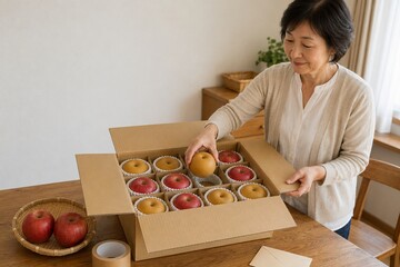 離れて暮らす家族へ梨とリンゴを箱詰めする女性