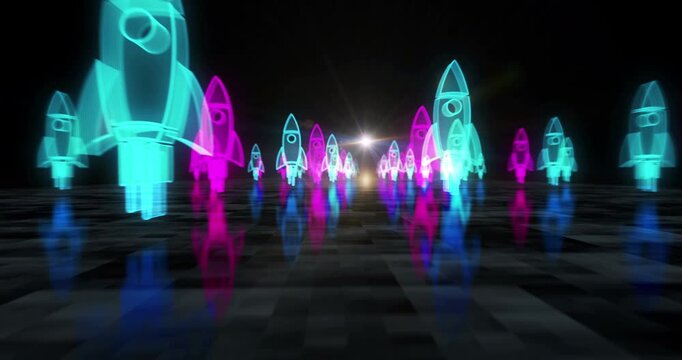 Startup business rocket launch symbol abstract cyber concept. Digital technology and computer background seamless and looped 3d animation.