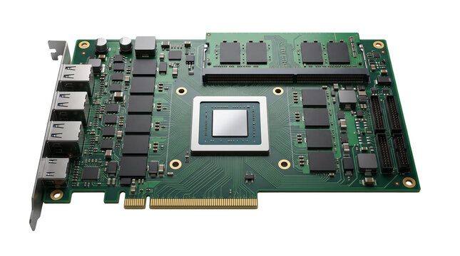 High-performance graphics card with central GPU chip. Green printed circuit board with electronic components. Modern computer hardware for gaming and AI.