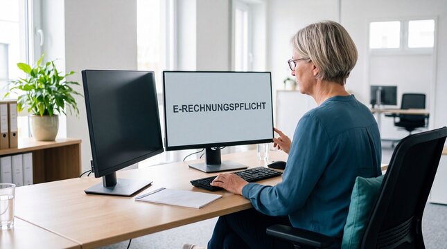 Frau zeigt auf Bildschirm mit Schriftzug E-Rechnungspflicht im B&uuml;ro