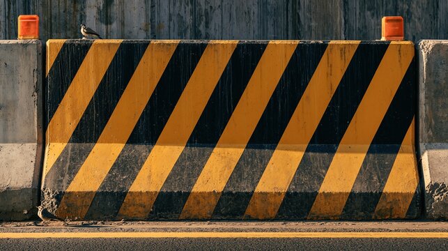 Weathered construction barrier with warning stripes and orange beacon lights