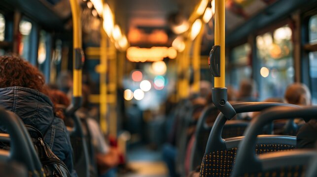 Inside public transit bus with evening city lights and passengers