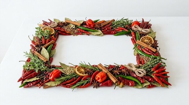 Herbal Spice Frame Border with Chili Pepper, Cinnamon and Star Anise