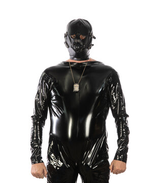 Fetish man in black latex isolated on white background