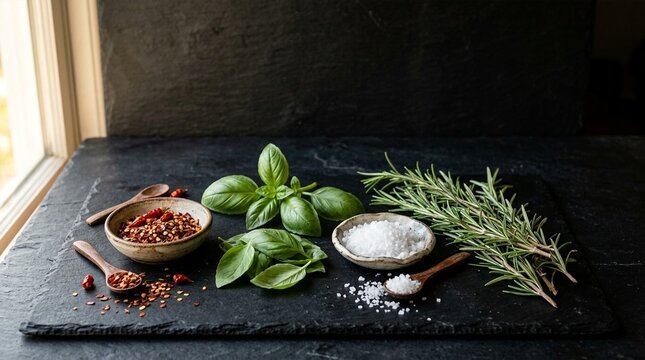 Herbs, Spices, and Salt Arrangement on Dark Slate Surface