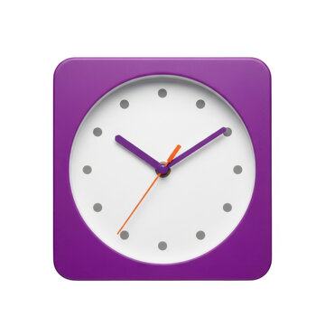 Modern digital clock with analog hands on purple square background
