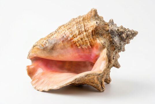 Large Queen Conch Shell with Pink Interior Isolated on White Background - Marine Life and Ocean Decor