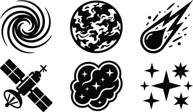 Space exploration icon set featuring spiral galaxy, planet, meteor, satellite, cosmic nebula and sparkling stars in bold black silhouettes