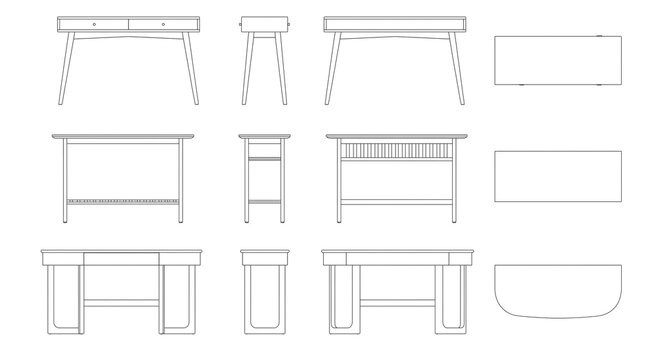 Detailed technical drawings of contemporary office and home furniture, featuring various table and desk styles presented as schematic outlines for design concepts
