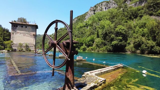 Italy, Umbria , Terni,  drone aerial view of  Nera Gorges a natural oasis close to Narni and Stifone - Mor&igrave;ca Spring and Cala del Mulino are carbonate aquifer with water at a constant temperature of 1